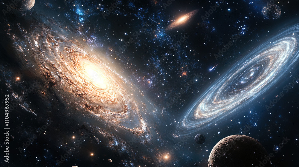 Obraz premium A spectacular cosmic scene showcases two distinct galaxies swirling in the vastness of space. The left galaxy features a bright, luminous core surrounded by swirling arms of stars and cosmic dust. Its