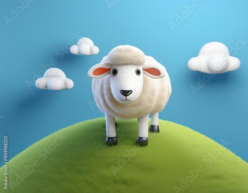 3D fluffy sheep stands on a grassy hill under a bright blue sky photo