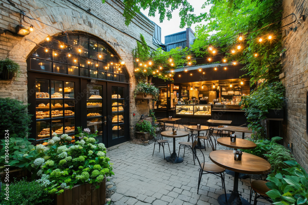 Savoring fresh pastries and coffee in a lively courtyard with twinkling string lights and mismatched bistro tables Savoring fresh pastries and coffee in a lively courtyard with twinkling string lights and mismatched bistro tables