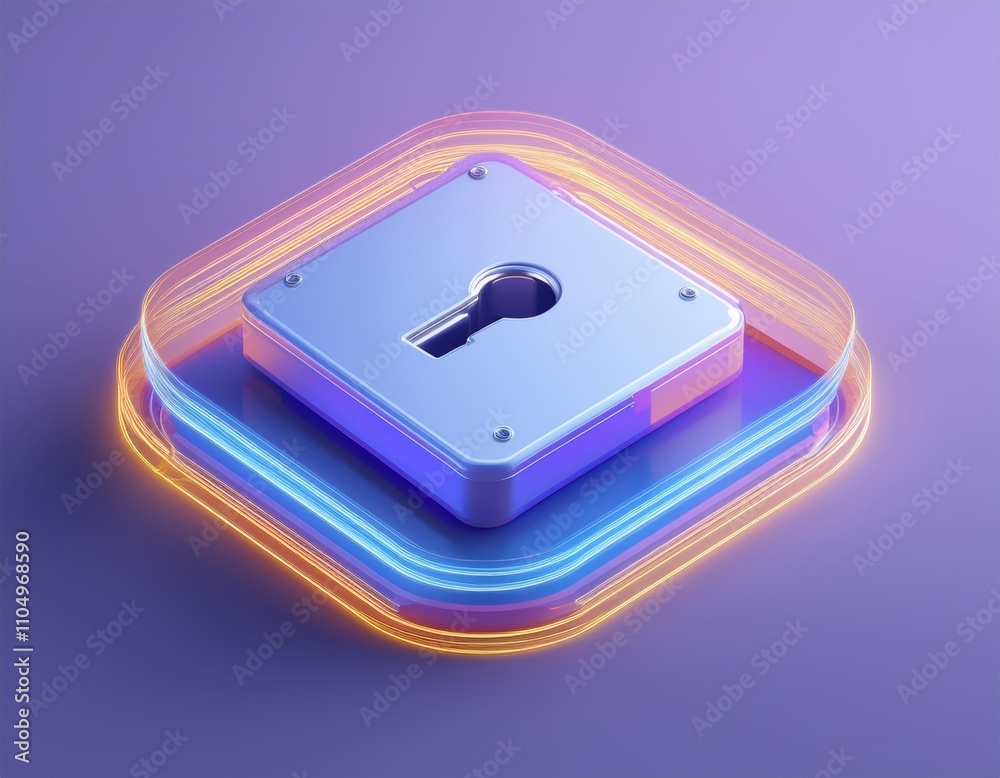 3D glowing digital keyhole sits within a neon lit square 3D glowing digital keyhole sits within a neon lit square