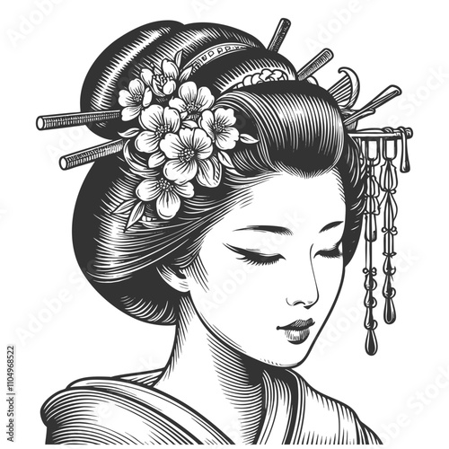 peaceful geisha with eyes closed, adorned with intricate floral hair ornaments and traditional Japanese hairsticks sketch engraving generative ai vector illustration. Scratch board. Black and white.