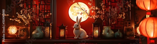 Elegant display of a rabbit amidst lanterns.