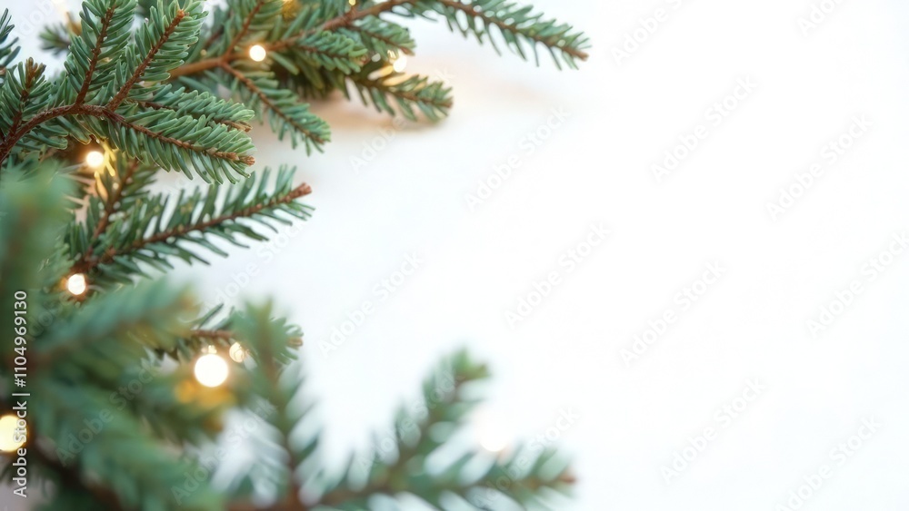White Christmas background with tree branches decorated with garland lights with copy space on the right. Mockup design of New Year card. Top view of tree ornaments. Ad place. Greeting text White Christmas background with tree branches decorated with garland lights with copy space on the right. Mockup design of New Year card. Top view of tree ornaments. Ad place. Greeting text