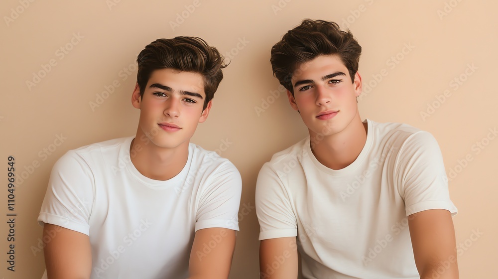 Twin brothers sitting side by side in front of a peach colored wall. Twin brothers sitting side by side in front of a peach colored wall.