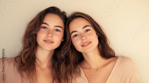 Two young women, one with a brown shirt and the other with a pink shirt, look at each other and smile.