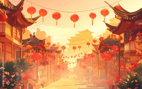 Festive street decorated with red lanterns.