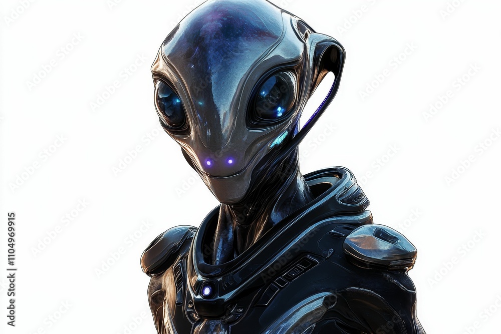 Alienoid figure, sleek, metallic, otherworldly. Alienoid figure, sleek, metallic, otherworldly.