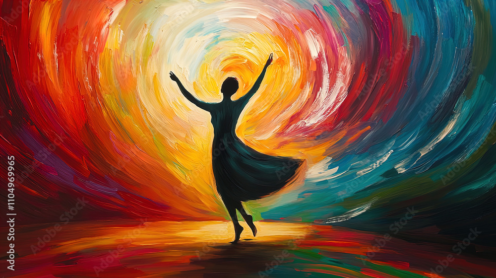 Obraz premium The image depicts a vibrant abstract painting featuring a silhouette of a woman dancing joyfully with her arms raised. The background swirls with bold colors, creating a whirlwind effect that blends r