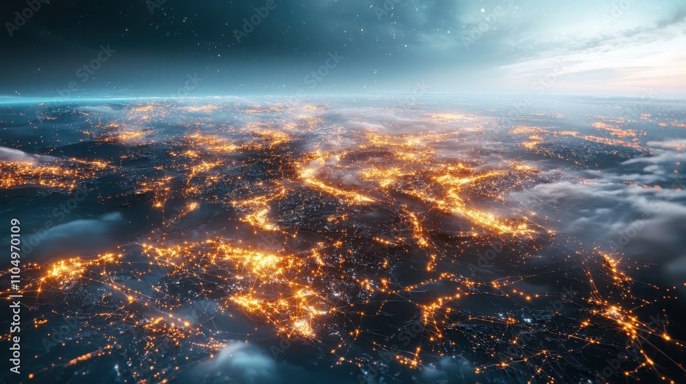 Transforming neural network landscape to organic terrain glowing data pathways in technological environments Transforming neural network landscape to organic terrain glowing data pathways in technological environments