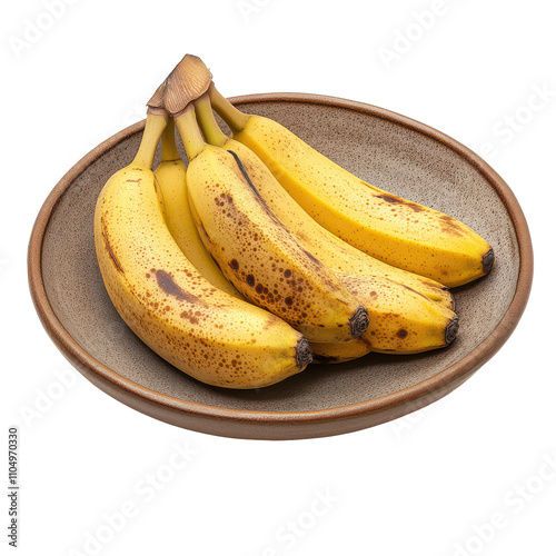 Fresh ripe bananas arranged neatly on a brown plate isolated against a clean transparent background, bananas in a plateisolated on transparent background photo