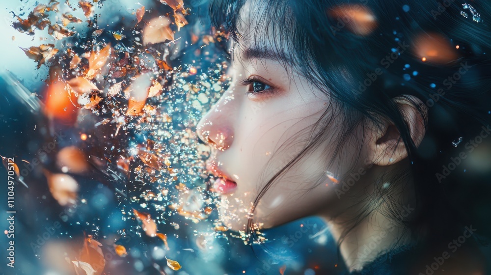 Exploring the otherworldly dimension an asian girl among cascading colors in a fantastical environment Exploring the otherworldly dimension an asian girl among cascading colors in a fantastical environment