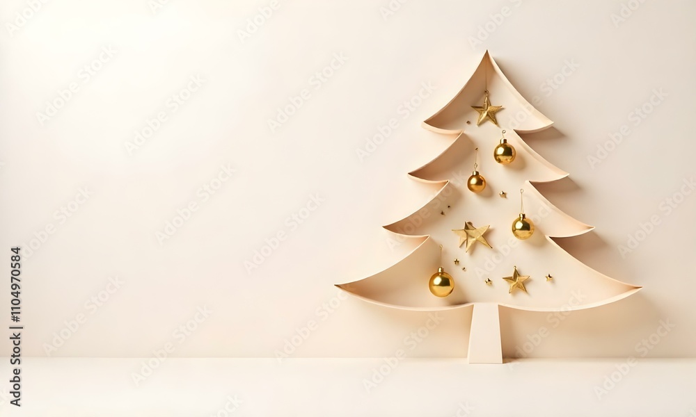 A minimalist Christmas tree made of beige paper shapes, with golden ornaments and stars on a light background A minimalist Christmas tree made of beige paper shapes, with golden ornaments and stars on a light background