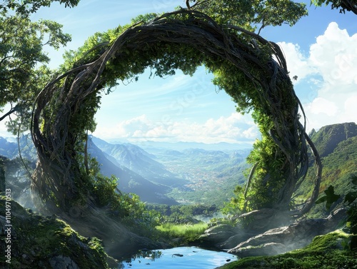 Enchanted forest dreamlike beanshaped aperture with writhing vines in a serene digital landscape photo