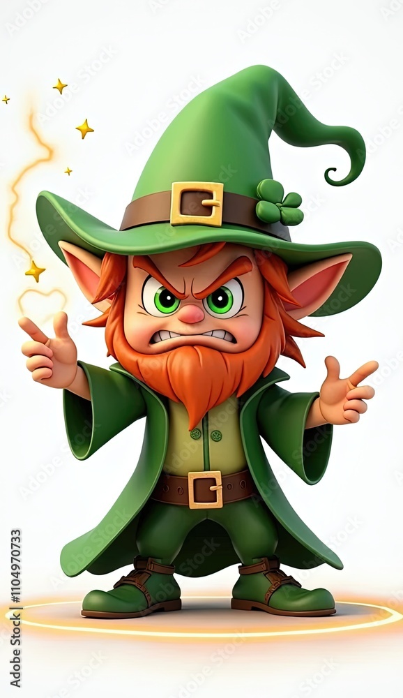 Fototapeta premium Cartoon depiction of an angry leprechaun wearing a green suit, expressing frustration and energy.