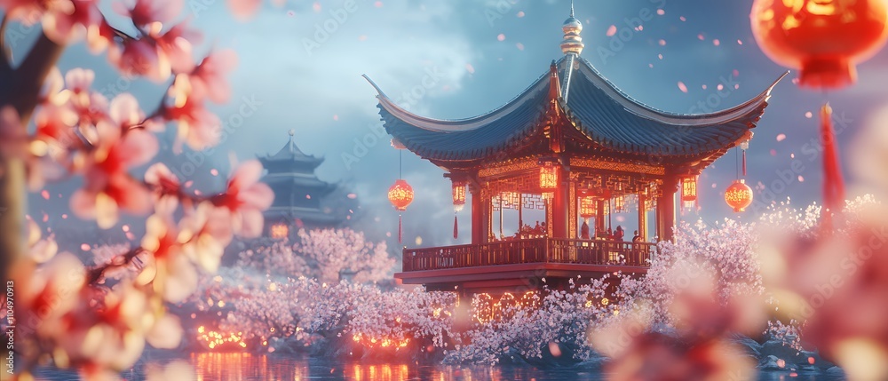 Fototapeta premium Serene pagoda surrounded by blooming cherry trees.