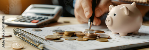Conceptual Representation of Essential Financial Saving Tips: Piggy Bank, Budget Planning, and Need for Regular Saving