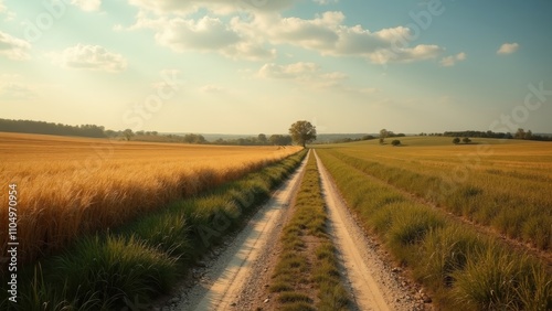 A dirt road stretches between lush golden fields, leading to a solitary tree on the horizon as the sunlight casts a warm glow during the late afternoon