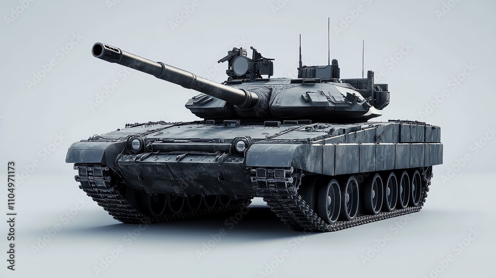A menacing tank with a powerful gun is pictured in front of a grey background. A menacing tank with a powerful gun is pictured in front of a grey background.