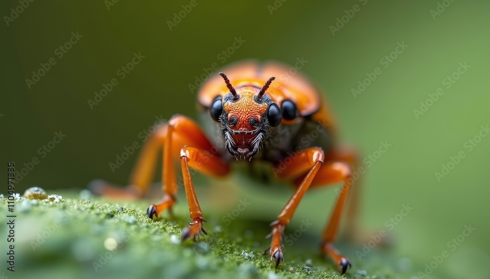 Fototapeta premium Orange bug with black eyes on plant