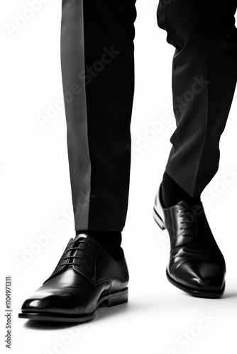 Black dress shoes, formal pants, walking.