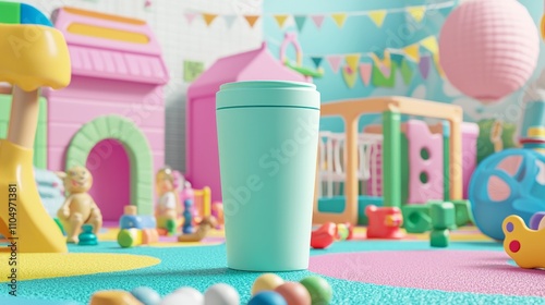 Joyful Family Fun - Playful Tumbler Mockup on Colorful Children's Playmat Surrounded by Toys and Cheerful Decor