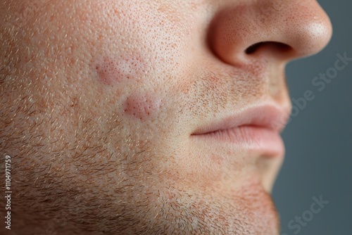 A close-up of a man's face showing acne scars and a blemish on his cheek, highlighting skin texture and imperfections.