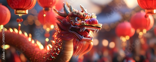 Vibrant dragon with lanterns at celebration.