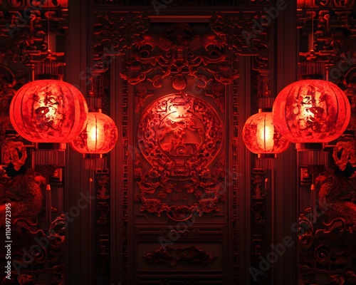Vibrant red lanterns illuminate ornate decor.