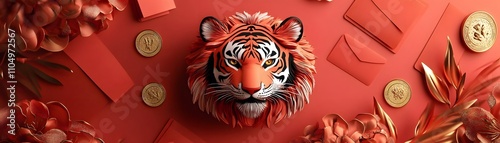 Vibrant tiger head on a red background.