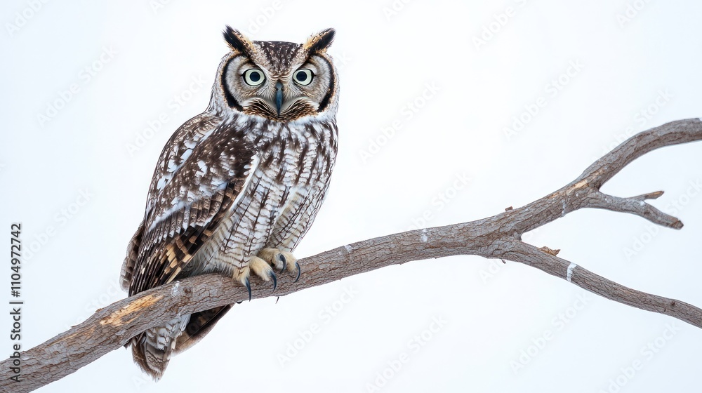 Obraz premium Majestic Owl Perched on a Bare Branch Against White Sky
