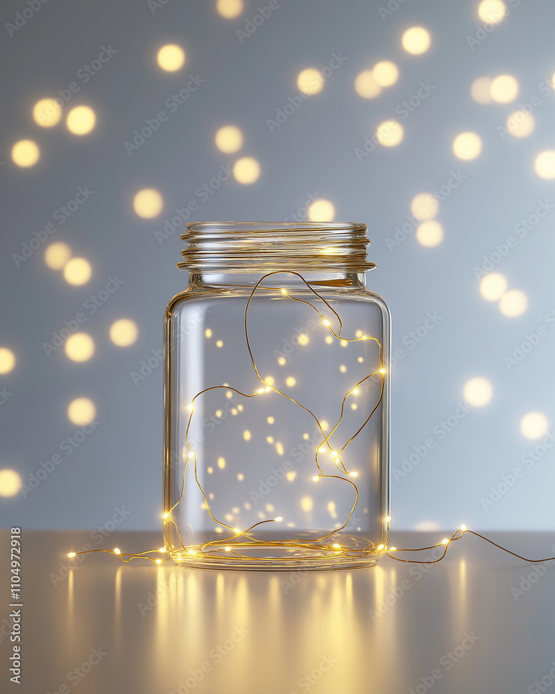 Jar of glowing lights floating in serene dreamy ambiance Jar of glowing lights floating in serene dreamy ambiance