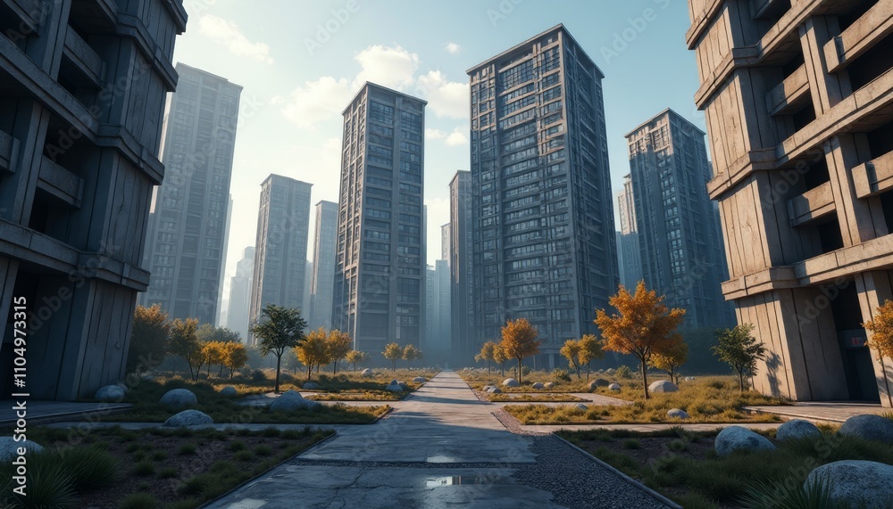 Fototapeta premium Urban park with fall foliage between modern buildings
