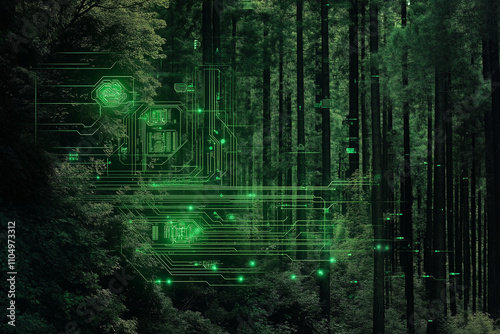 Futuristic green technology integrated into forest with digital circuits.