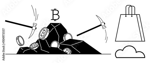 Bitcoin coins being mined with pickaxes from rocks. Ideal for cryptocurrency, blockchain technology, investing, mining, e-commerce, cloud computing, innovation topics. Line metaphor
