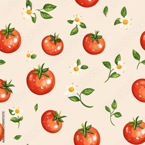 A cheerful pattern featuring vibrant red tomatoes, green leaves, and delicate flowers on a light beige background, perfect for fresh, organic designs.