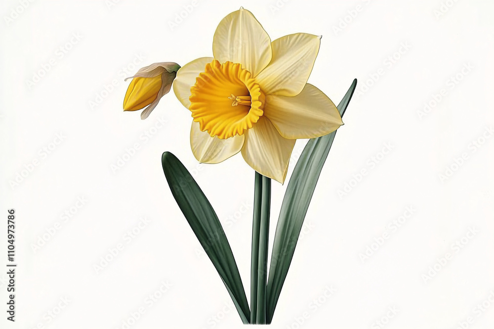 Fototapeta premium A vibrant daffodil in full bloom exudes a cheerful springtime vibe, ideal for floral-themed designs, Easter celebrations, or botanical illustrations.