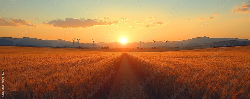 Obraz premium A peaceful wheat field with wind turbines turning at sunset, bathed in the golden light of the setting sun