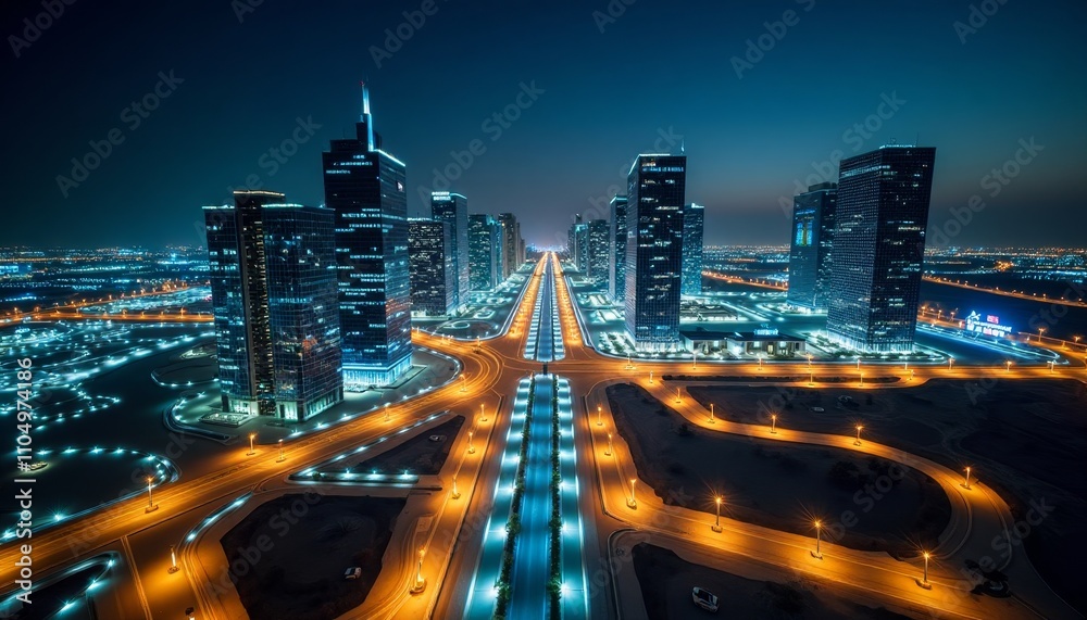 Obraz premium Bright cityscape at night with illuminated skyscrapers and highways