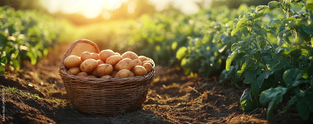 Basket of potatoes on the ground, glowing in sunlight, with green potato plants stretching out behind it in the field Basket of potatoes on the ground, glowing in sunlight, with green potato plants stretching out behind it in the field