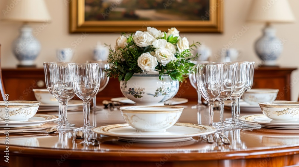 Elegant Dining Table Setting with Exquisite Porcelain and Flowers Elegant Dining Table Setting with Exquisite Porcelain and Flowers