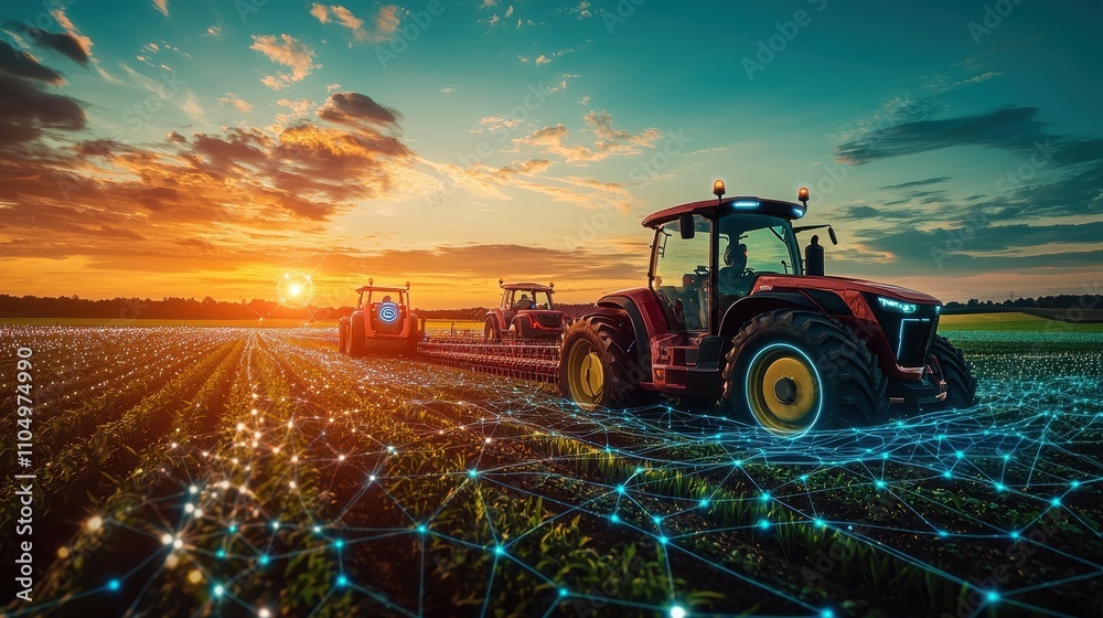 A vibrant sunset over a farm field, featuring modern tractors working on crops amidst a network of digital connections. A vibrant sunset over a farm field, featuring modern tractors working on crops amidst a network of digital connections.