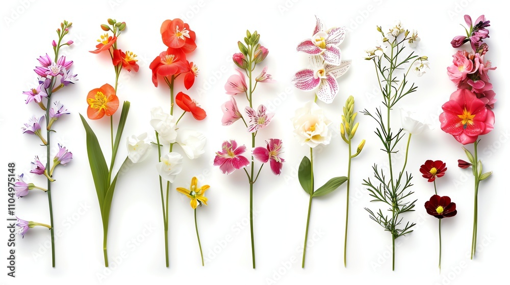 A collection of various flowers arranged in a row on a white background. A collection of various flowers arranged in a row on a white background.
