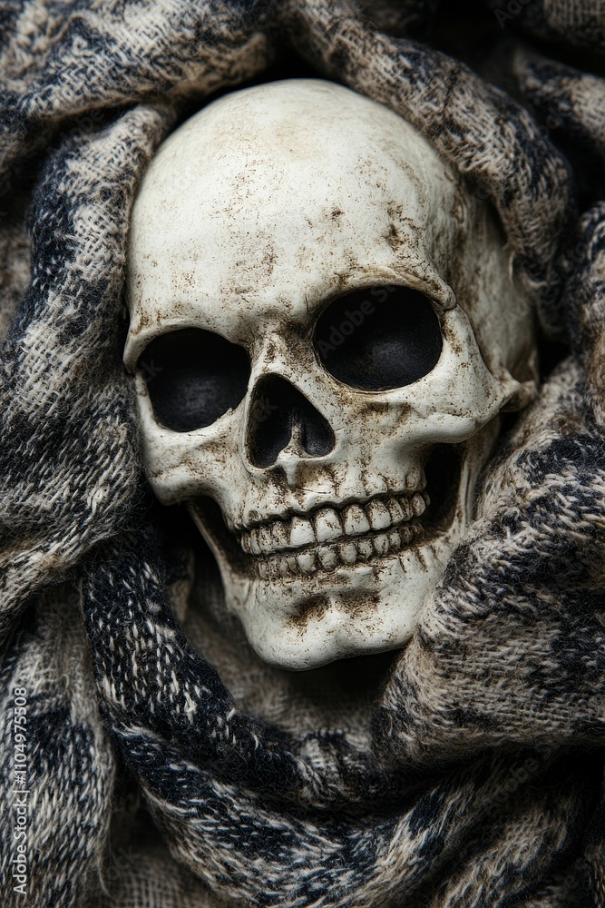 Skull nestled in textured fabric; somber, mysterious. Skull nestled in textured fabric; somber, mysterious.