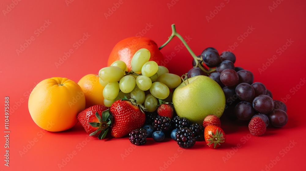 A variety of fresh fruits arranged on a red surface, showcasing their vibrant colors and textures. A variety of fresh fruits arranged on a red surface, showcasing their vibrant colors and textures.