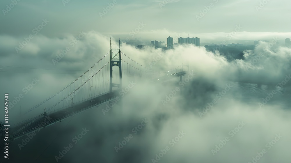 Fototapeta premium Bridge Enveloped In Fog Over City Skyline