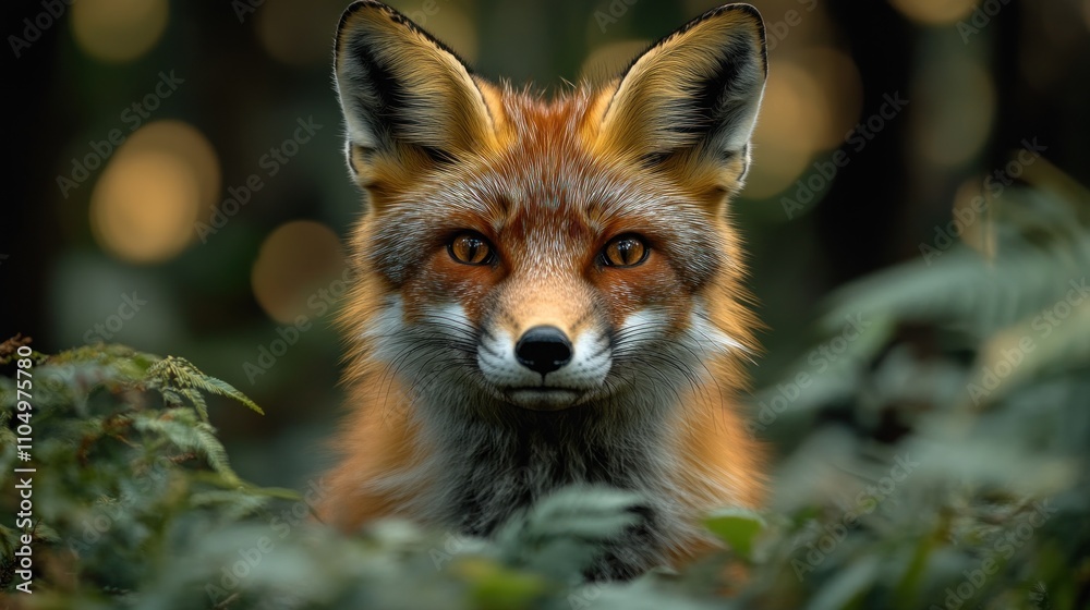 A red fox with piercing amber eyes stares directly at the camera through a thicket of green ferns. A red fox with piercing amber eyes stares directly at the camera through a thicket of green ferns.