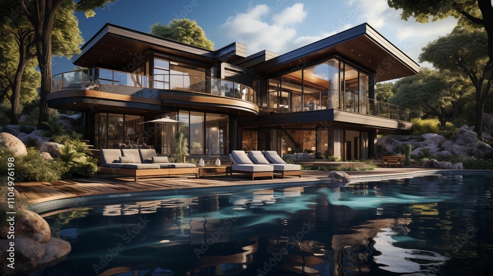 A luxurious house with a pool and a beautiful A luxurious house with a pool and a beautiful