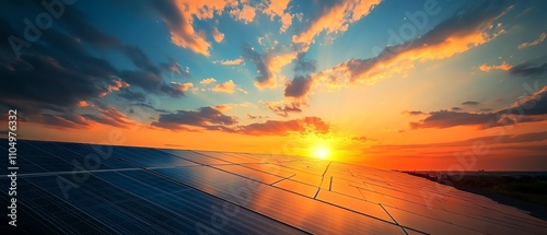 Solar panels on a rooftop of a city building, illuminated by the soft orange glow of a sunset in an urban neighborhood