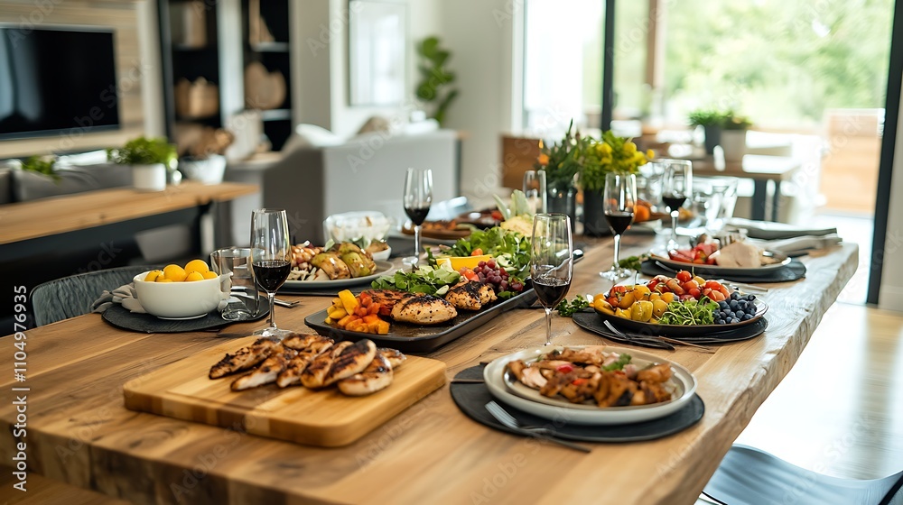 A family-style dining table in a kitchen, featuring platters of food like grilled chicken and fresh fruit, with a functional desk space for meal planning on the side A family-style dining table in a kitchen, featuring platters of food like grilled chicken and fresh fruit, with a functional desk space for meal planning on the side