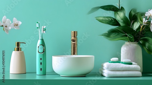 Mint Green Bathroom Aesthetic: Electric Toothbrush & Modern Sink Setup AI Generated